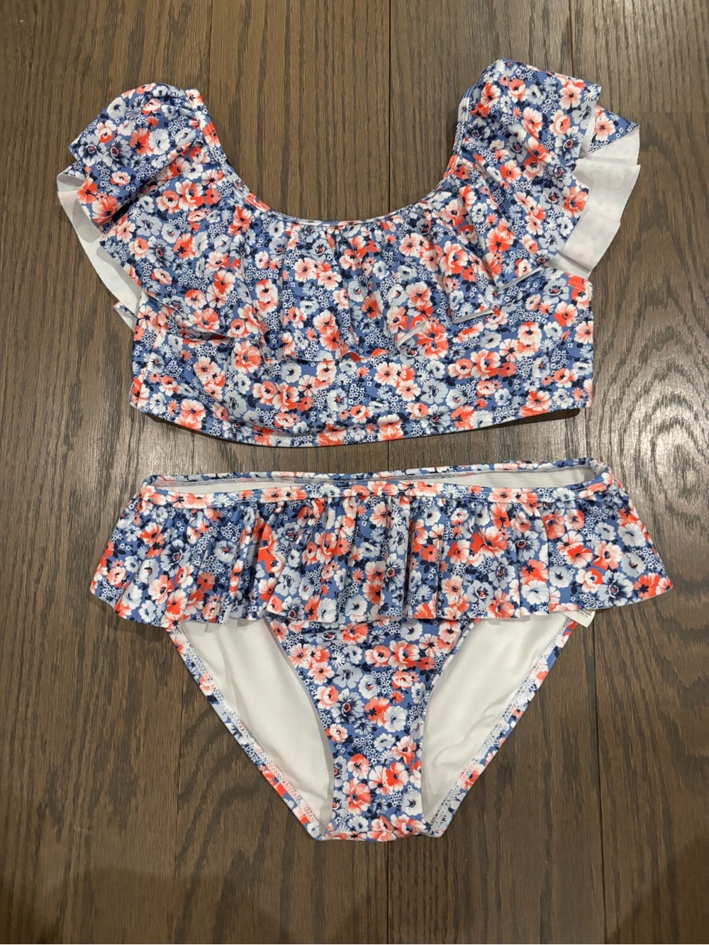 Janie and Jack Navy Floral Ruffle Two-Piece Swim Set with Coral Accents